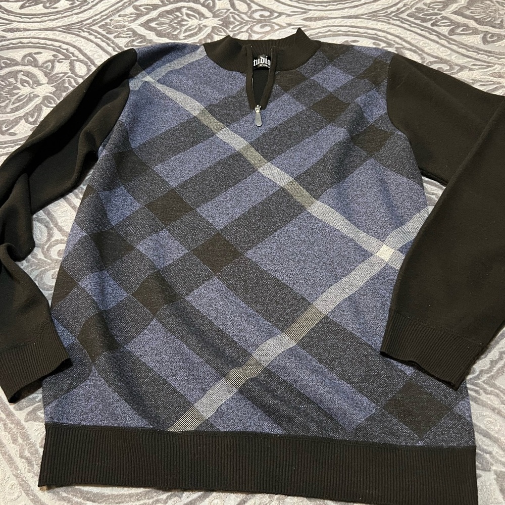 Blue and Black Zip Up Sweater with Bold Pattern
